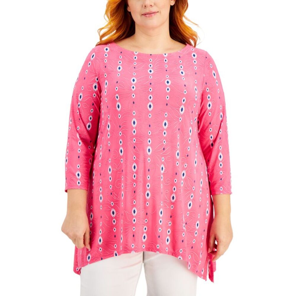 JM Collection Plus Size Printed Jacquard Handkerchief Hem Top